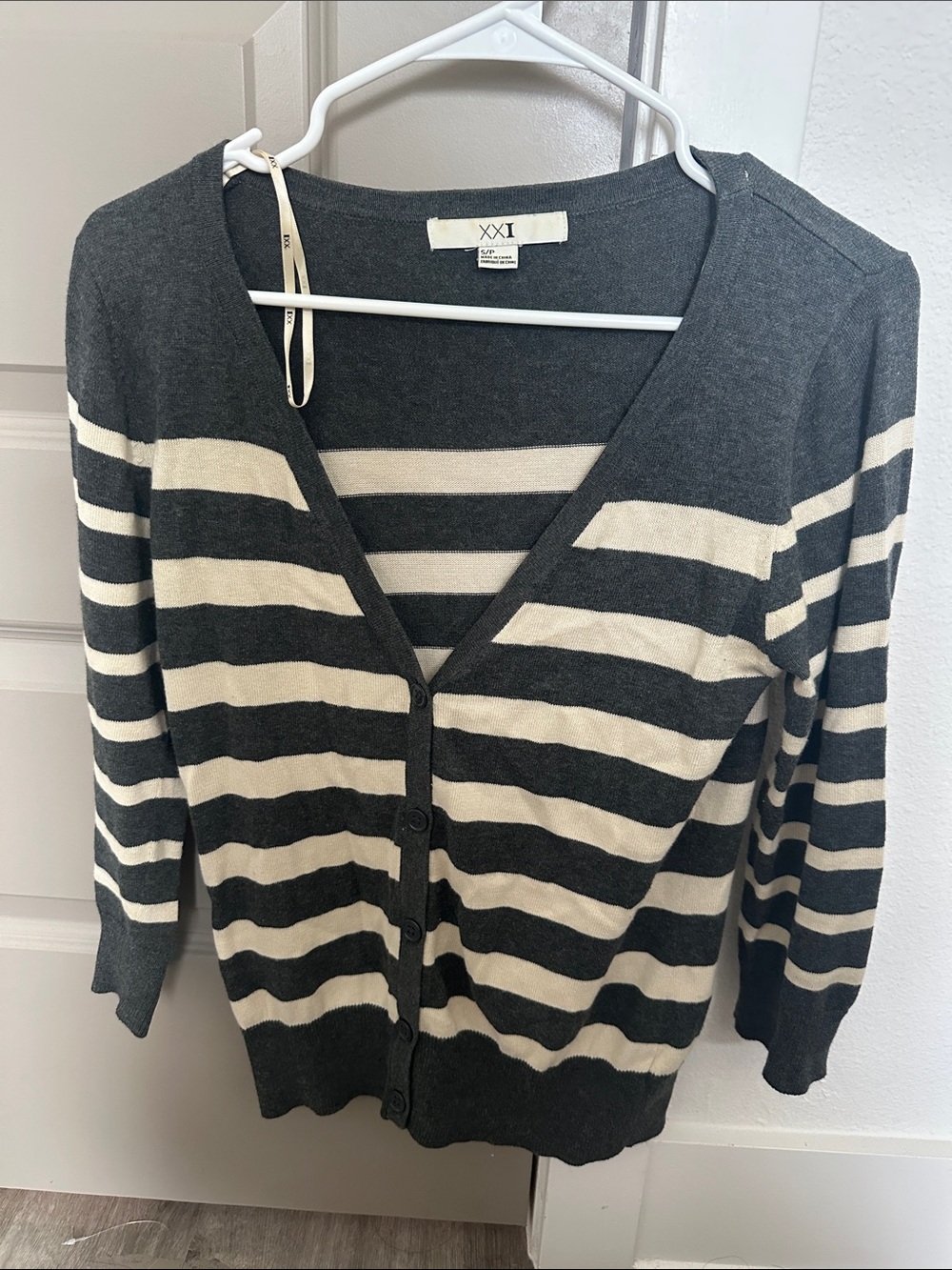 Forever 21 Charcoal and Cream Striped V-Neck Button Cardigan